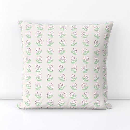 Seamless pattern design - Pink and Green Flowers on beige square cushion