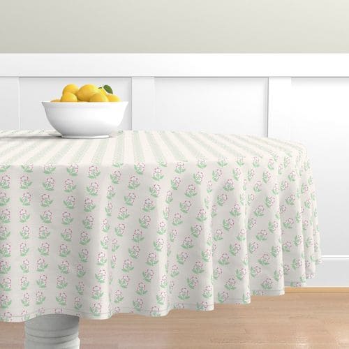 Seamless pattern design - Pink and Green Flowers on beige table cloth