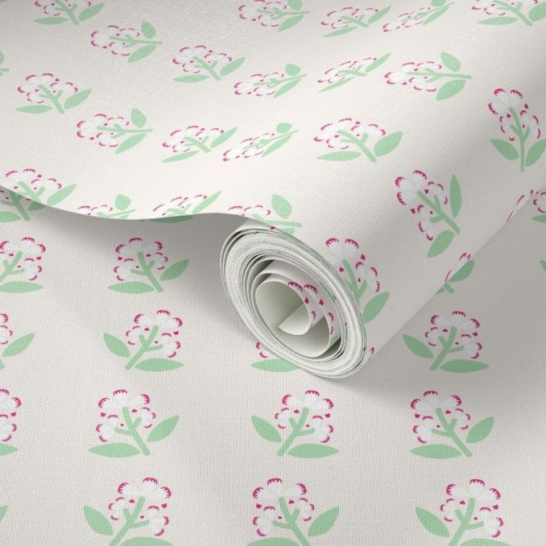 Seamless pattern design - Pink and Green Flowers on beige wallpaper